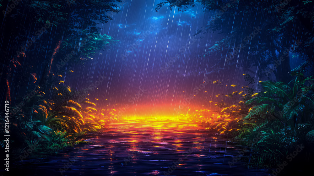 Enchanted Rainforest Path: A Night of Rain and Glowing Water Enchanted Rainforest Path: A Night of Rain and Glowing Water