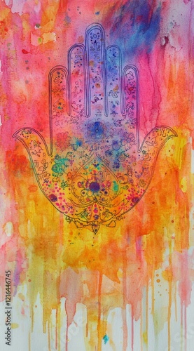 Wallpaper Mural Vibrant Hamsa Hand Watercolor Illustration: Spiritual Protection and Positive Energy Art with Cultural Symbolism, Generative AI Torontodigital.ca