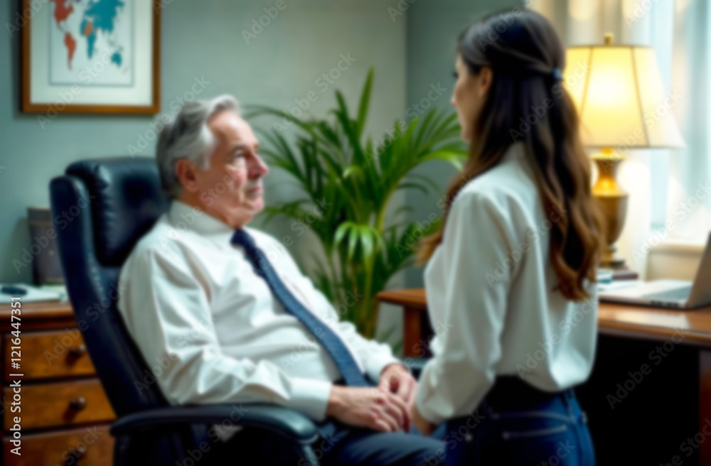 Fototapeta premium Experienced manager discusses project details with subordinate in a professional office setting. Blurred picture