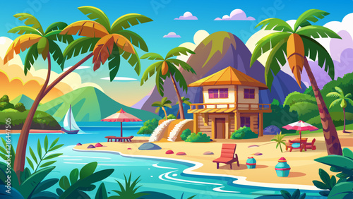 Holiday location on a tropical island with palm trees and amazing vibrant beach