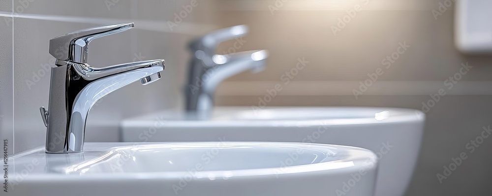 Chrome faucet with a motion sensor, set in a luxury commercial restroom Chrome faucet with a motion sensor, set in a luxury commercial restroom