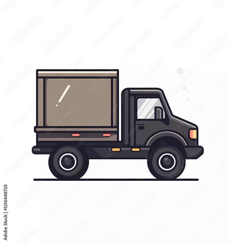 A simple vector icon of a delivery truck, with a flat design on a white background. The design is minimalistic, using only simple shapes in black and grey. A simple vector icon of a delivery truck, with a flat design on a white background. The design is minimalistic, using only simple shapes in black and grey.
