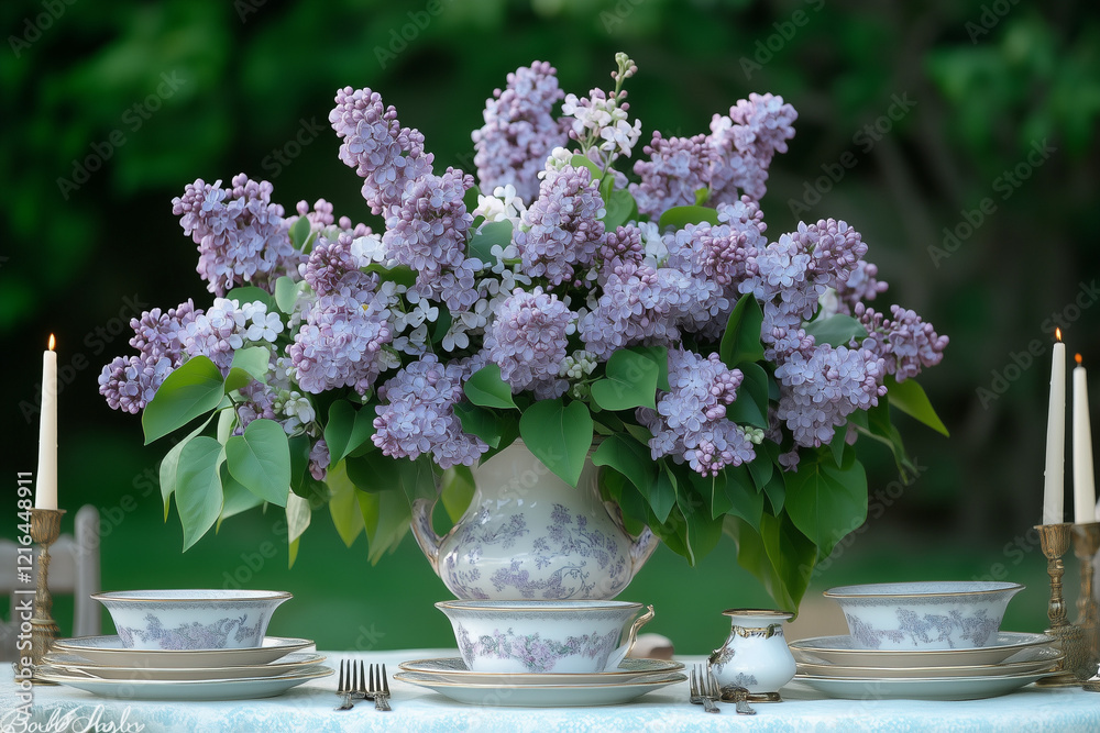 An elegant lilac centerpiece on a table set for an outdoor garden party, surrounded by fine china and candles. An elegant lilac centerpiece on a table set for an outdoor garden party, surrounded by fine china and candles.