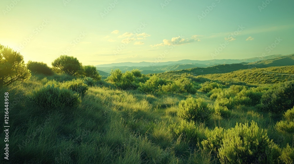 Naklejka premium Serene Sunset Over Rolling Green Hills
