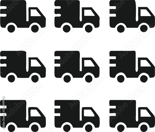 A seamless pattern featuring nine simple, black delivery truck icons on a white background.