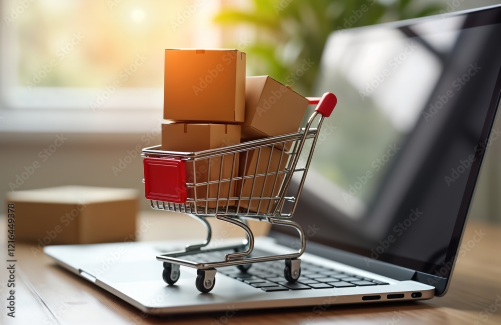 Mini shopping cart loaded with cardboard boxes sits on laptop keyboard. Online shopping concept depicted. Digital order, purchase shown. Illustration signifies convenient modern retail tech. Customer Mini shopping cart loaded with cardboard boxes sits on laptop keyboard. Online shopping concept depicted. Digital order, purchase shown. Illustration signifies convenient modern retail tech. Customer