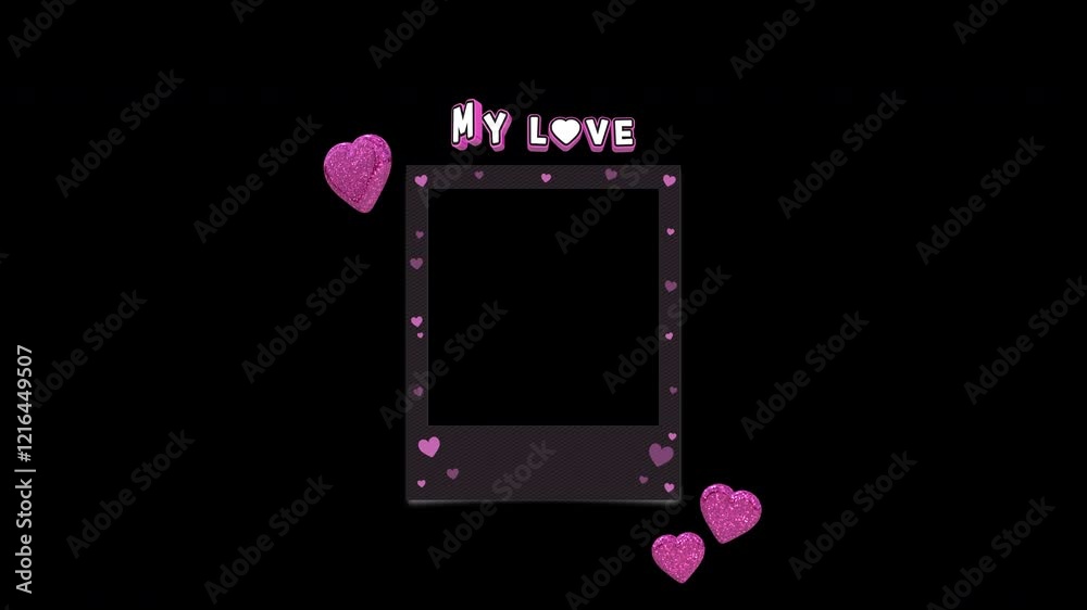 My Love Valentine's Day Title Loop On Dark Instant Photo Frame With 3D Floating Hearts On Alpha Background
