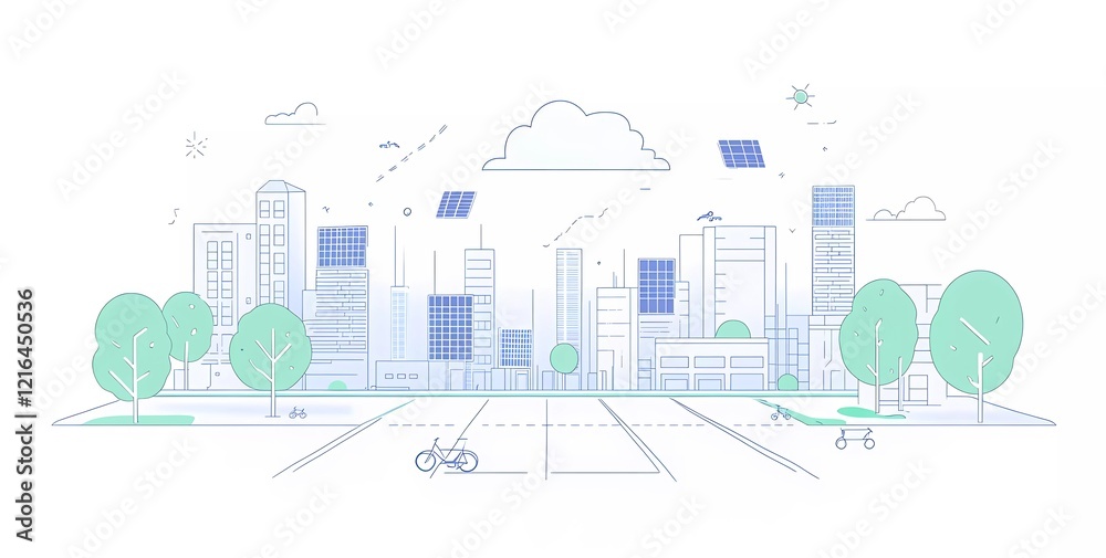 Obraz premium line art vector illustration of smart city with solar panels, trees and bike paths, white background, simple design, minimalistic style, flat design, simple lines, green color palette, blue accents, e