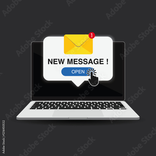 New Message and Email Notification Alert: Unread Messages Notification on Laptop Computer Screen.Envelope with new message pop up. Vector Illustration