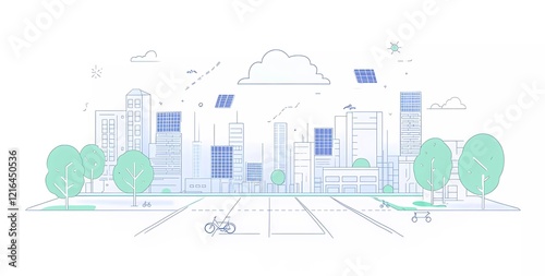 Wallpaper Mural line art vector illustration of smart city with solar panels, trees and bike paths, white background, simple design, minimalistic style, flat design, simple lines, green color palette, blue accents, e Torontodigital.ca