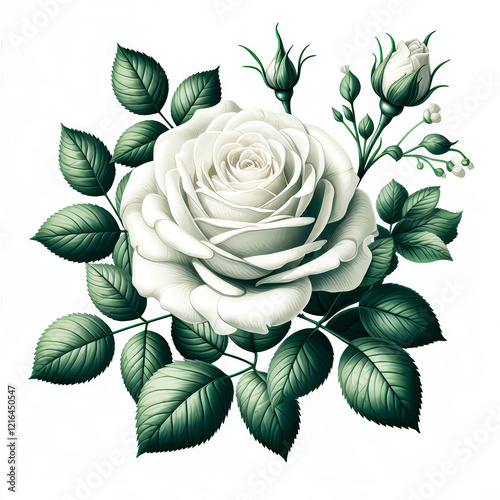 Isolated vector illustration of beautiful white rose on white background. photo