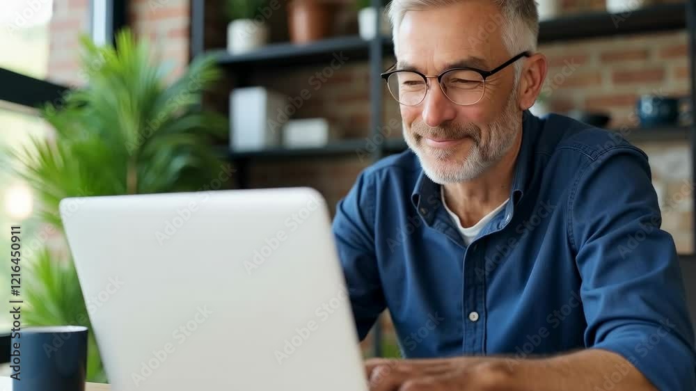 Joyful Senior Man Working on Laptop at Home Office Surrounded by Plants and Books, Embracing Remote Work Lifestyle with a Smile Joyful Senior Man Working on Laptop at Home Office Surrounded by Plants and Books, Embracing Remote Work Lifestyle with a Smile