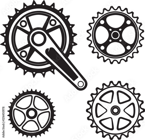 Gear simple black and white icons set. Bicycle sprocket mechanical cogwheels chainrings technology items. Black and white simple flat style. Isolated vector clipart collection on white backgroun photo