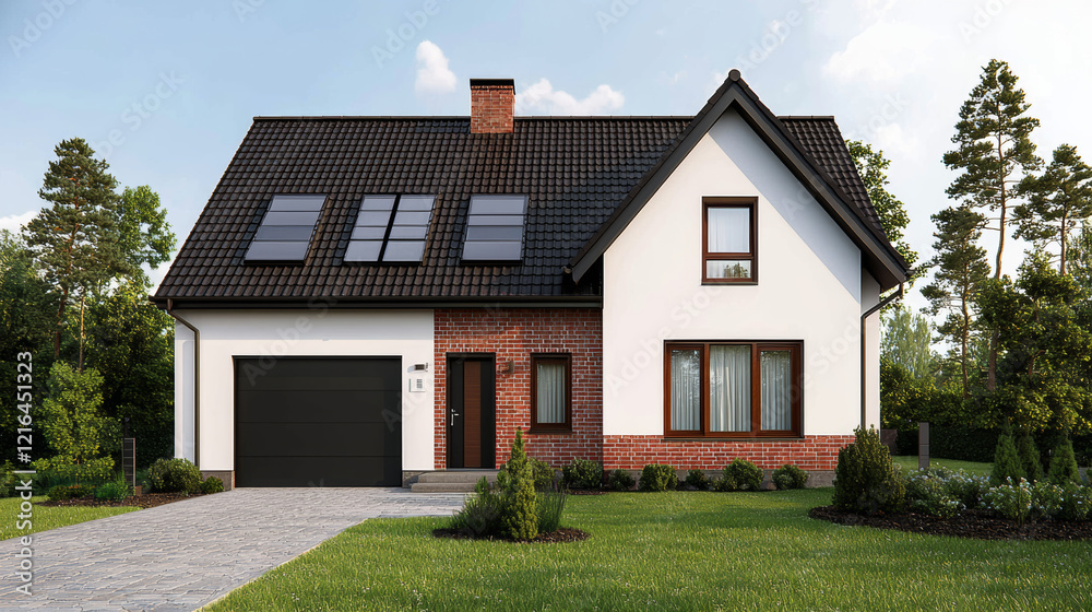 Modern house with solar panels and brick facade in lush setting