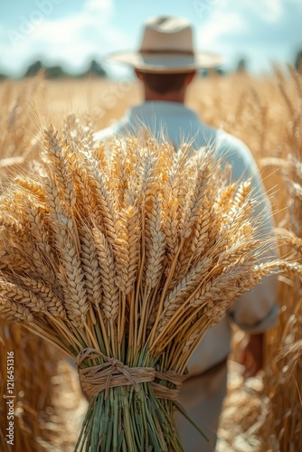 Farmer walking through golden wheat field carrying a freshly harvested bundle in the afternoon sunlight photo