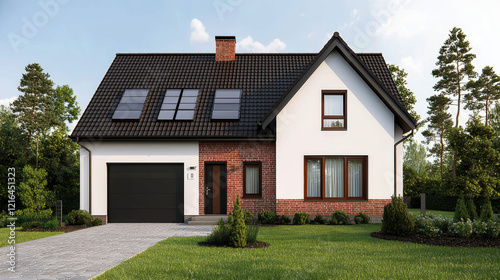 Wallpaper Mural Modern house with solar panels and brick facade in lush setting Torontodigital.ca