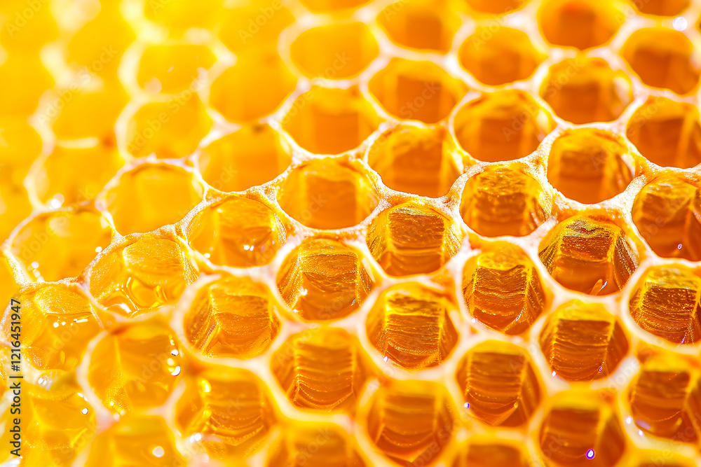 Close-up of vibrant honeycomb structure filled with golden honey, showcasing natural texture and pattern. Close-up of vibrant honeycomb structure filled with golden honey, showcasing natural texture and pattern.