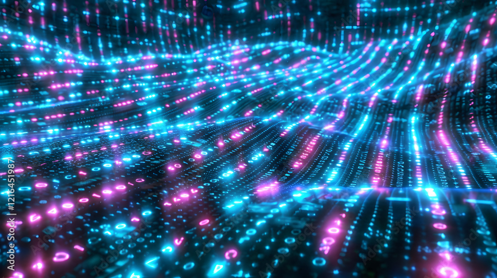 Fototapeta premium Pulsating wave of binary code moving through a futuristic