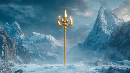 Golden trident symbol of god shiva against a of snowy mountains. Maha Shivaratri