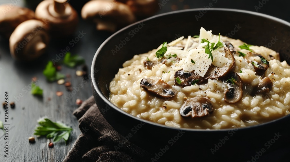 Close-up of a bowl of risotto with mushrooms and Parmesan cheese on a dark wooden table, showcasing the creamy texture and rich flavor. Perfect for gourmet cooking and restaurant menus. Close-up of a bowl of risotto with mushrooms and Parmesan cheese on a dark wooden table, showcasing the creamy texture and rich flavor. Perfect for gourmet cooking and restaurant menus.