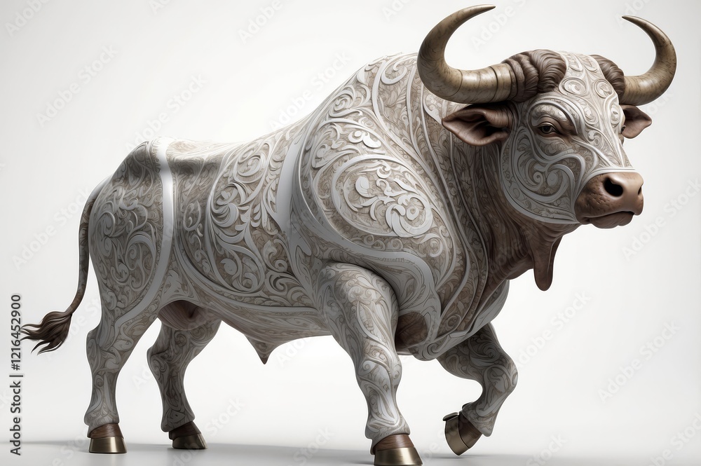 Fototapeta premium Ornate white bull with brown accents, intricate design.