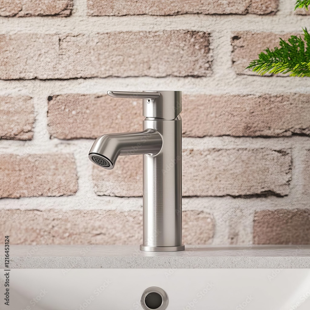 Compact chrome faucet with a matte finish, blending into a brick wall backdrop Compact chrome faucet with a matte finish, blending into a brick wall backdrop