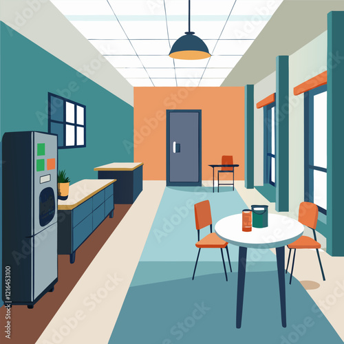 Modern Office Breakroom with Minimalist Design and Natural Lighting