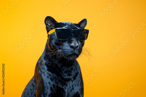 Stylish black panther in sunglasses, exuding a confident, trendy vibe on a yellow background. photo