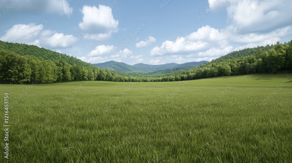 Lush green field with distant mountains under blue sky Lush green field with distant mountains under blue sky