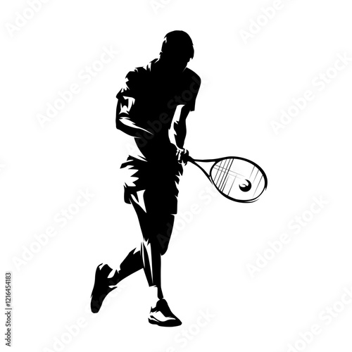 Tennis player, backhand shot, isolated vector silhouette. Sports athlete clip art, front view