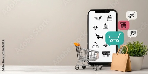 AI buyer behavior concept. Mobile shopping experience with cart icons and greenery.