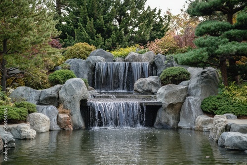 Serenity of a cascading waterfall in a lush garden setting during autumn
