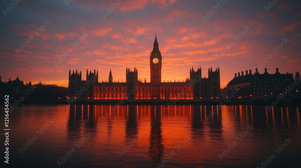 Fototapeta premium Gothic Architecture of the Palace of Westminster with Big Ben at Sunset, London, England.