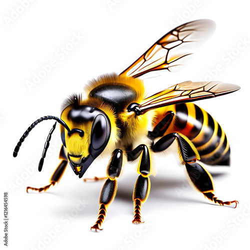 Close-up of an Africanized bee, showcasing its distinctive black and yellow striped body, large eyes, and delicate wings, set against a seamless white background for striking contrast. photo