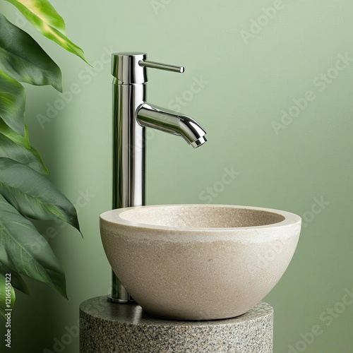 Freestanding chrome faucet with a raw stone sink, perfect for garden settings