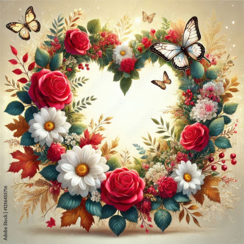 Fototapeta premium Floral heart-shaped wreath with red roses and daisies, Valentine background