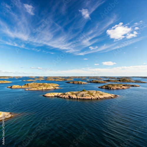 A panoramic view of the Swedish archipelago, with small rocky islands dotting the sparkling blue sea.

