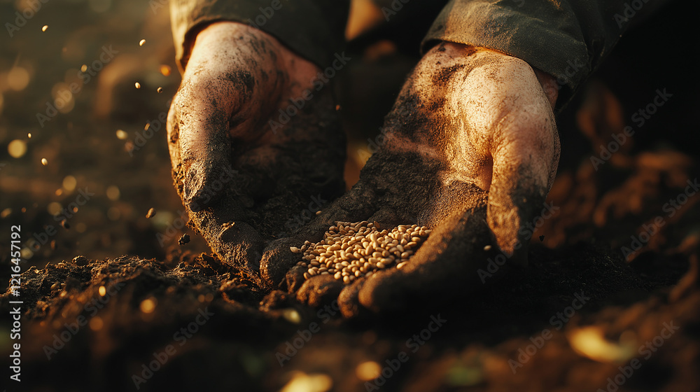A close-up of muddy hands gently releasing seeds onto tilled soil A close-up of muddy hands gently releasing seeds onto tilled soil