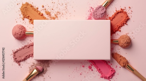 A blank eyeshadow palette box mock-up, surrounded by brushes and vibrant powders 3d illustration brand mock-up template. 