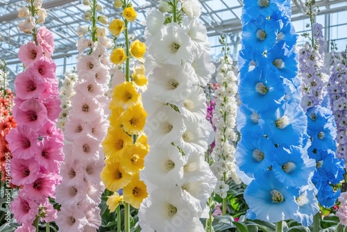 Colorful Hollyhock flowers in greenhouse, sunlight, floral arrangement, gardening