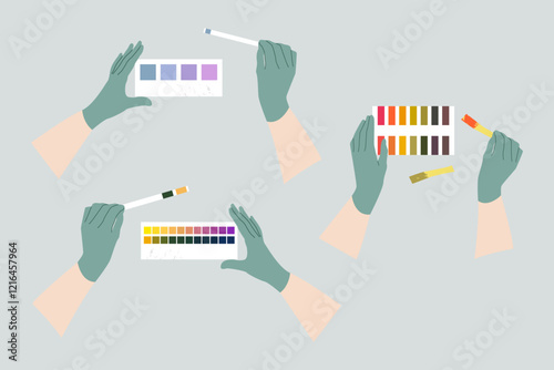 Reagent test strips. Scientist's hand in glove holding test strip, analysis. pH indicator, litmus paper, dipstick. Vector flat cartoon illustration