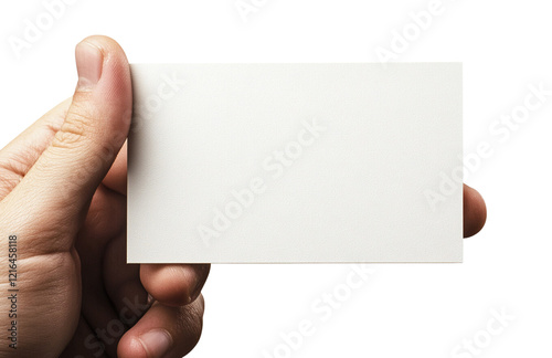 Hand holding a blank business card isolated on a transparent background, cutout PNG file