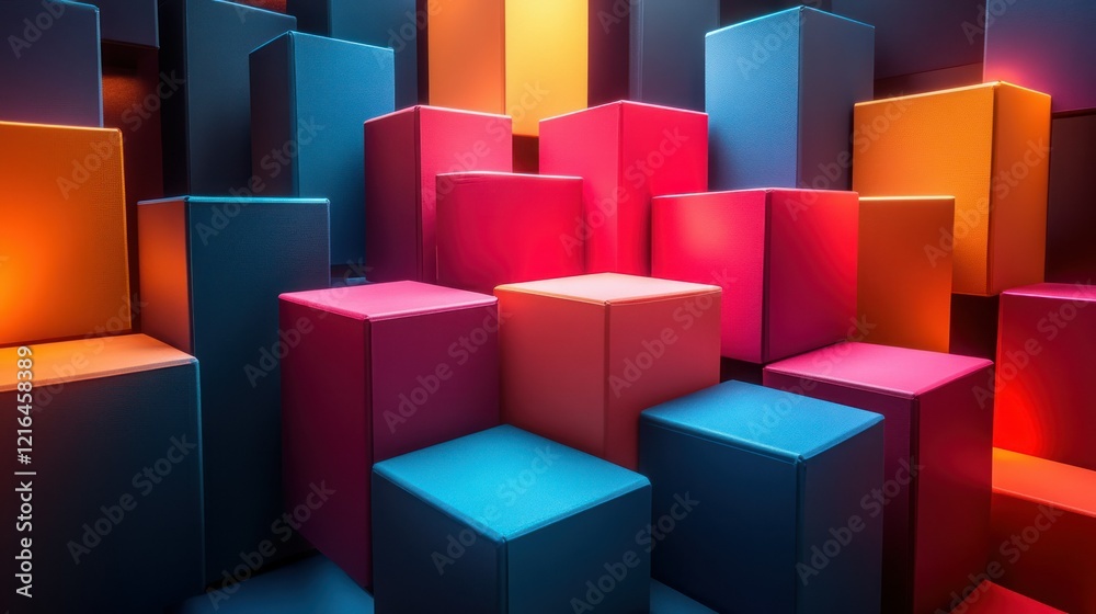 Vibrant arrangement of colorful cubes in varying shades of blue pink and orange