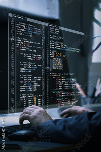 Virtual workspace showcasing fictional code, emphasizing innovation, adaptability, and creative process in technologically advanced environment. Concept of IT solutions, applications, digital. Ad