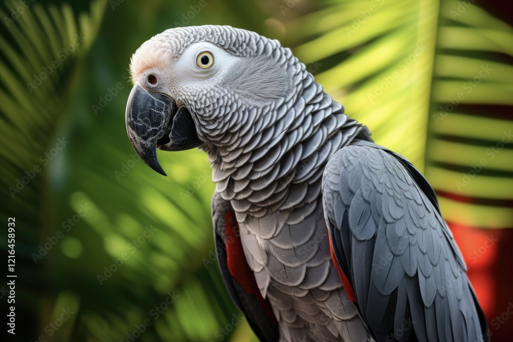 Obraz premium Stunning African Gray Parrot with White Feathered Bird and Red Accents in Tropical Setting. Perfect Imitation of this Majestic Creature