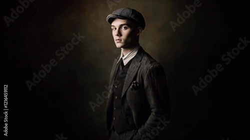 A young man in vintage attire, wearing a newsboy cap and suit, stands against a dark background.  His serious expression adds to the timeless, classic feel of this portrait