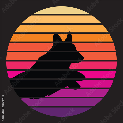 Pembroke Welsh Corgi Silhouette in Retro Sunset Illustration
