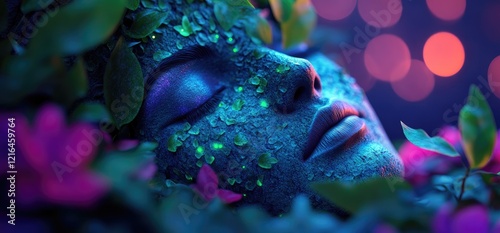 Woman sleeps amidst glowing flora, nighttime bokeh. Fantasy art