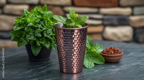 Copper mug, mint, drink prep, stone background, cocktail photo