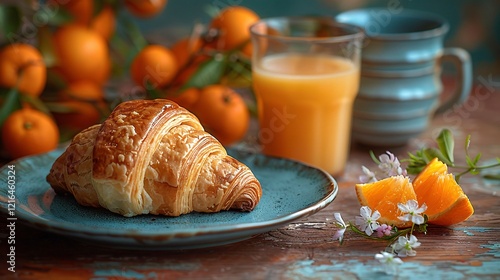 Breakfast with coffeeorange juice and croissant photo